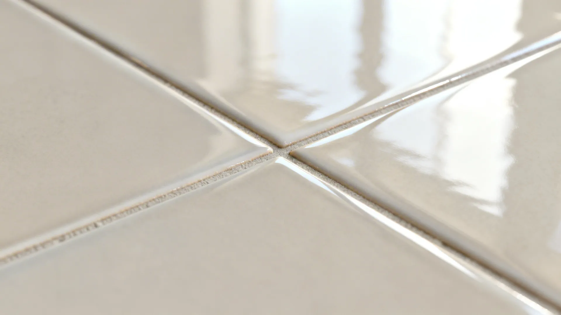 Macro of glossy subway tile glaze and tight grout in soft daylight.