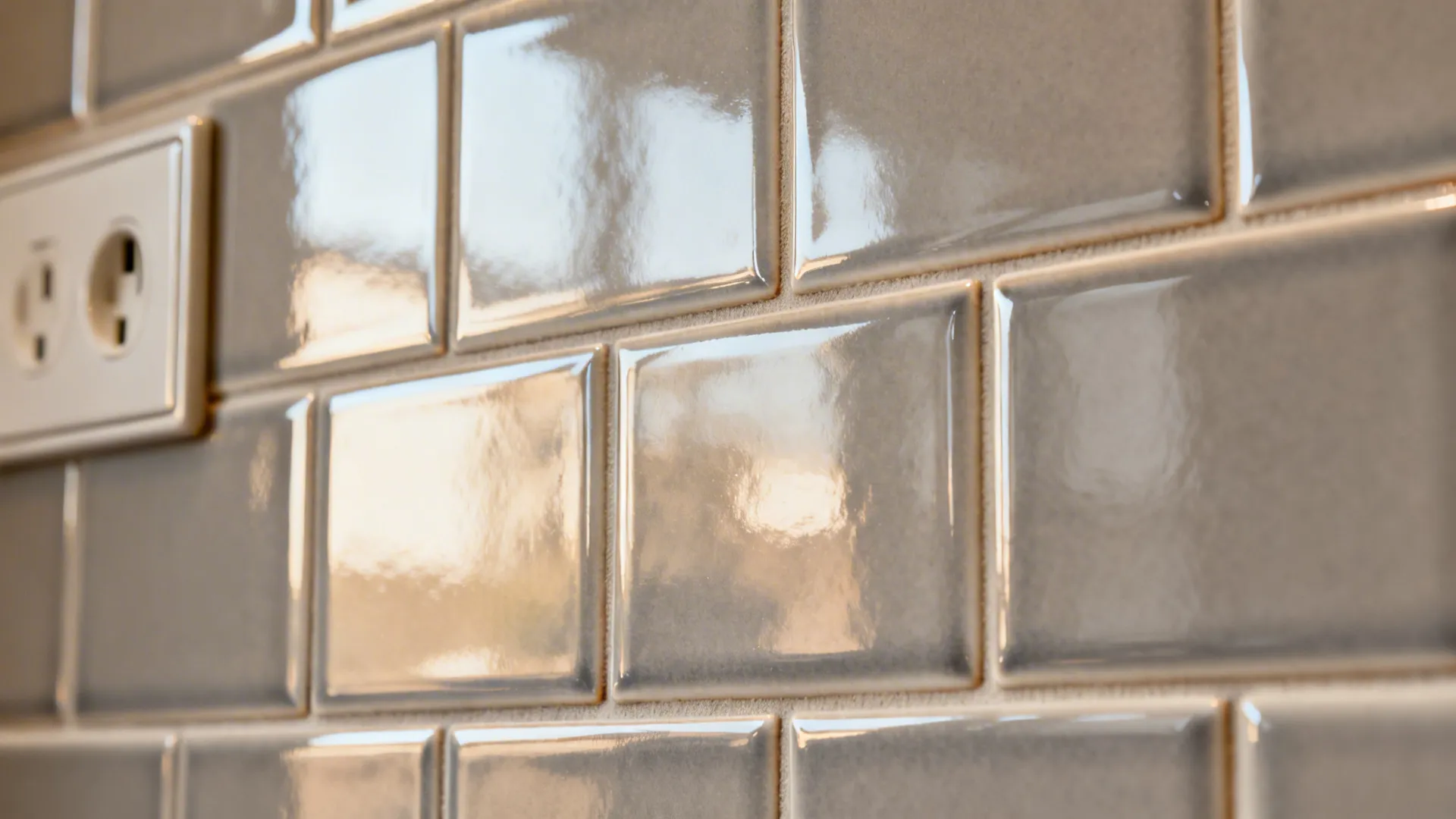 Macro of glossy subway tiles with 2 mm warm grey grout and crisp edges.