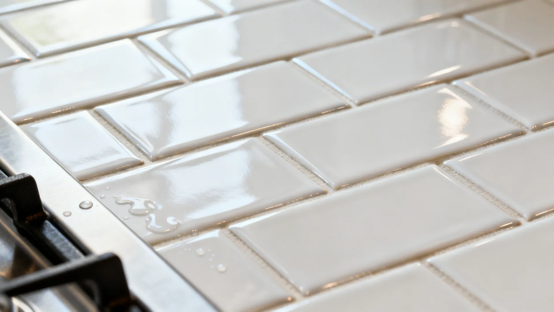 Macro view of white glossy subway tiles with tight grout and beveled edges.