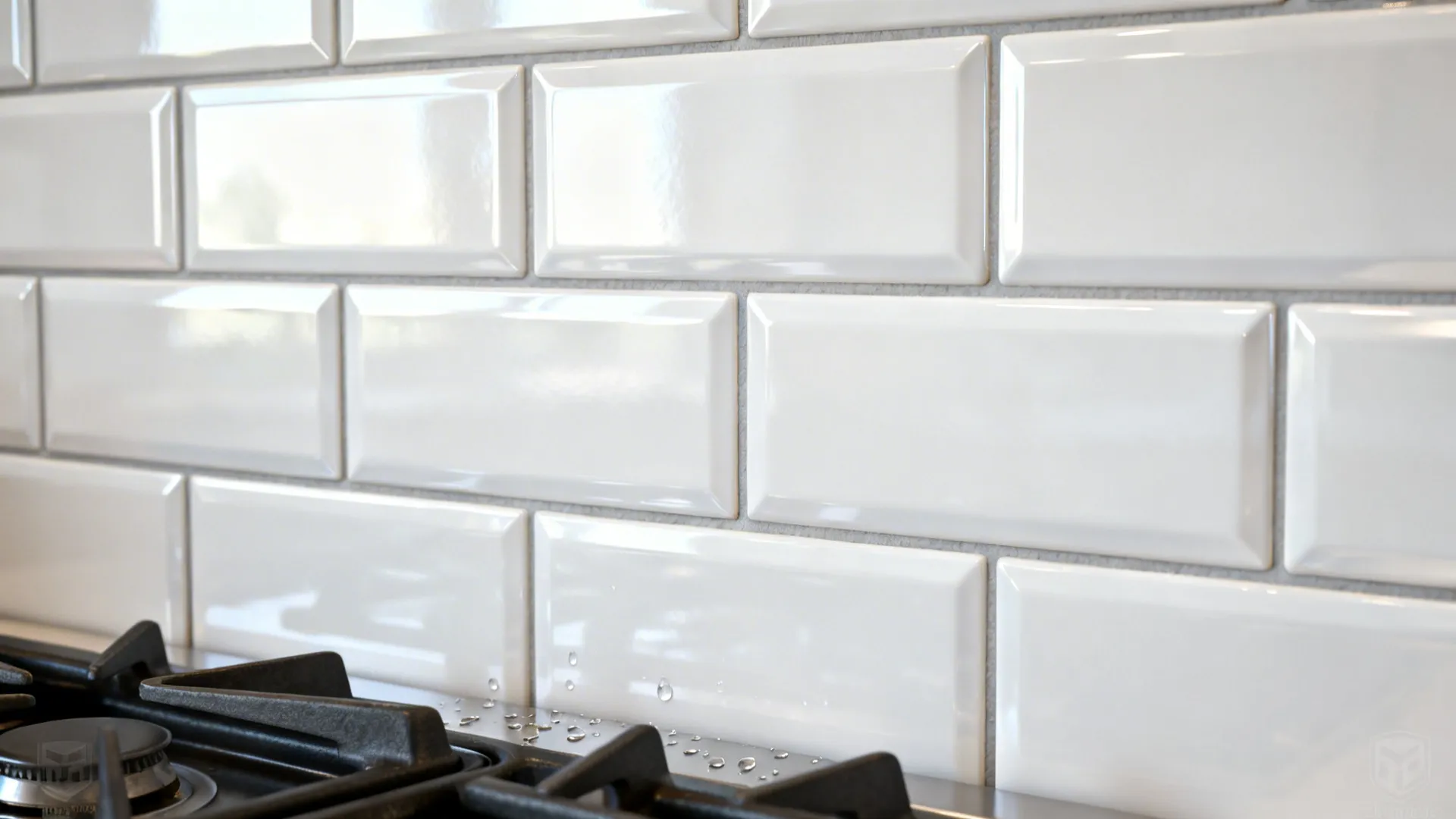 Macro close-up of glossy white subway tiles with tight light-gray grout lines.