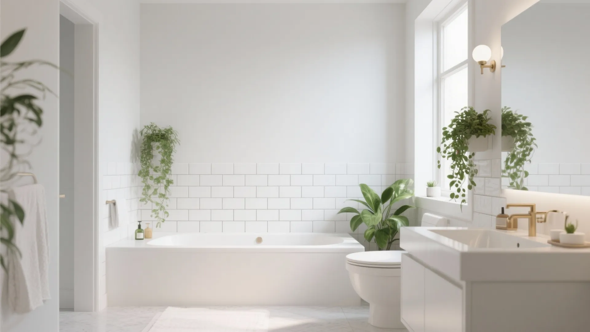 Bright white bathroom featuring a white bathtub tiled wall green plants and gold faucet fixtures