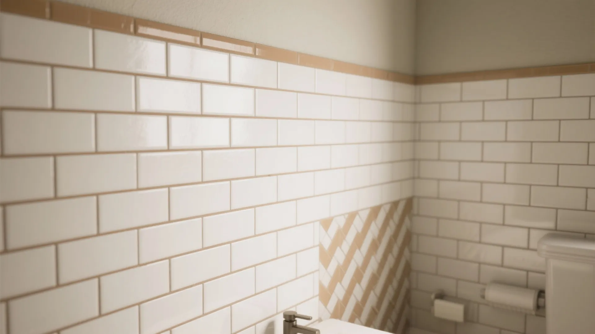 Close up of white wall tiles with tan grout lines in a clean modern bathroom setting
