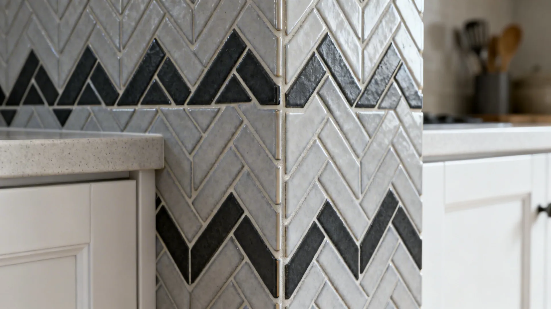 Subway tile backsplash close-up showing vertical and herringbone layouts with light gray and dark grout beside white cabinets.