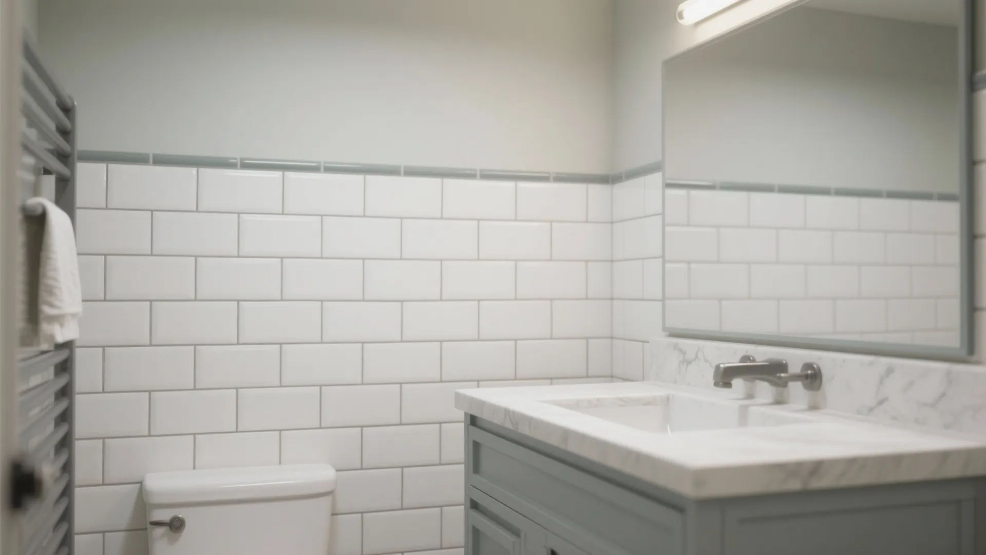 Modern bathroom with white brick wall tiles grey cabinet marble sink toilet and large square mirror