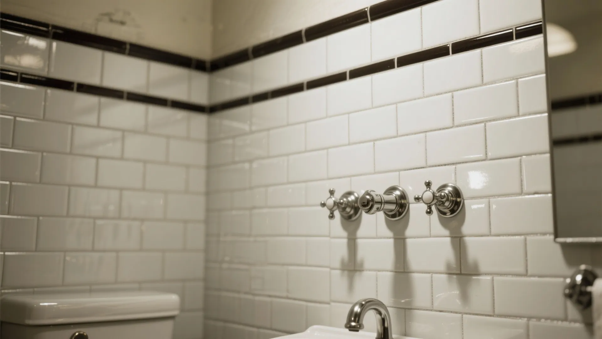 White bathroom wall tiles with black border accents above silver faucets and a white sink