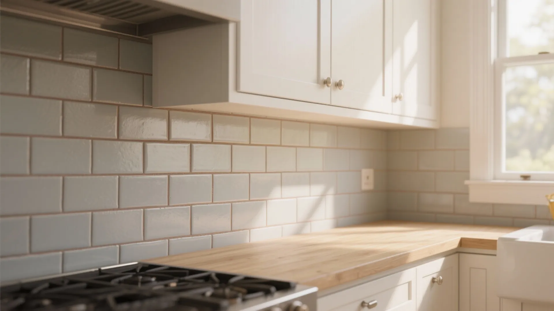 1. Light grey subway tile with warm grout