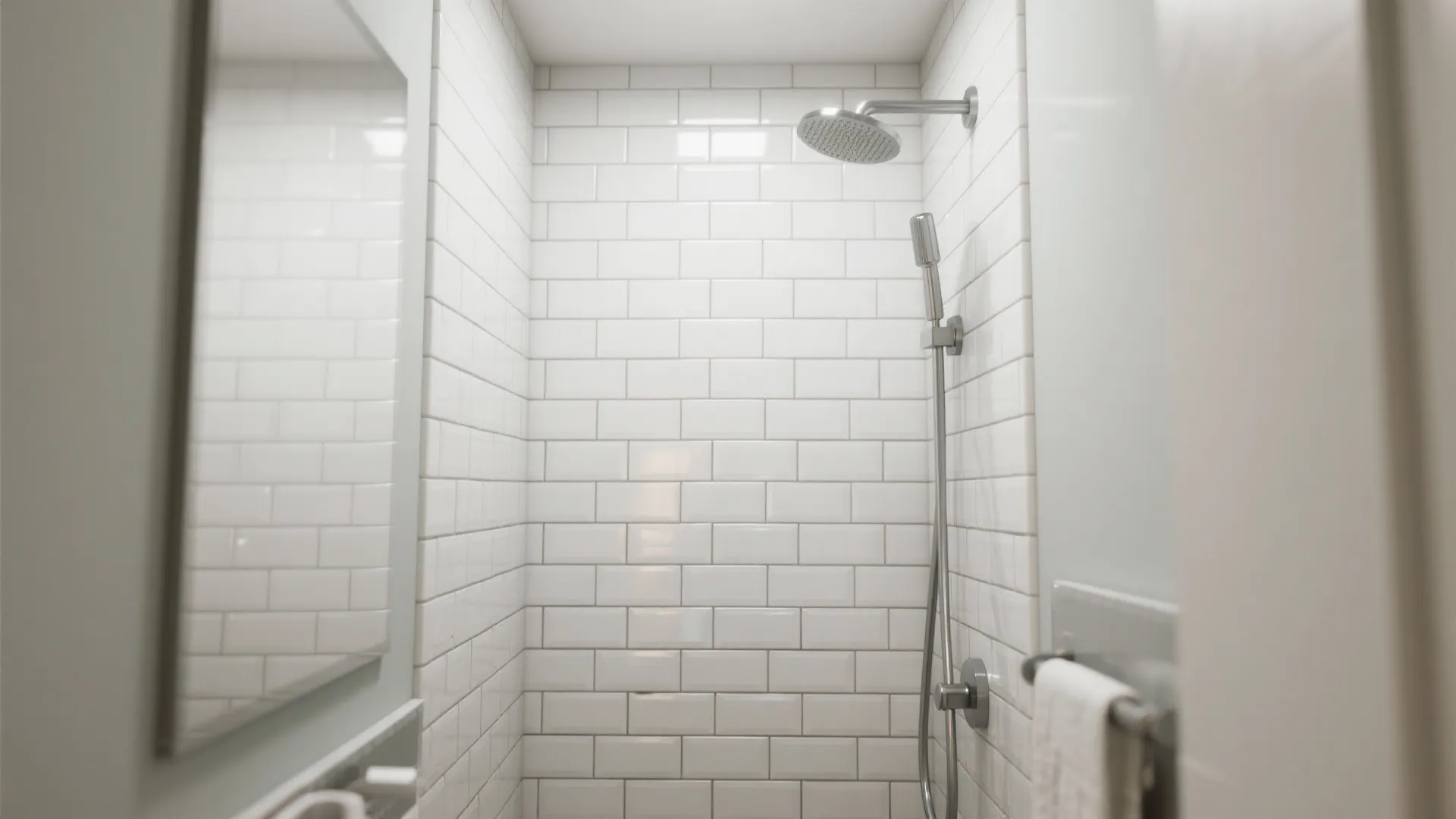 White brick style wall tiles in a shower with chrome metal head and handheld spray