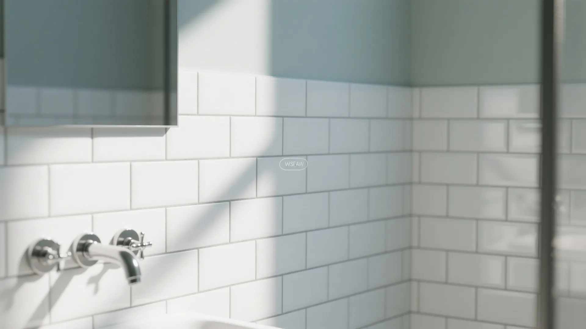 Modern bathroom featuring white rectangular wall tiles with a silver metal water faucet and mirror