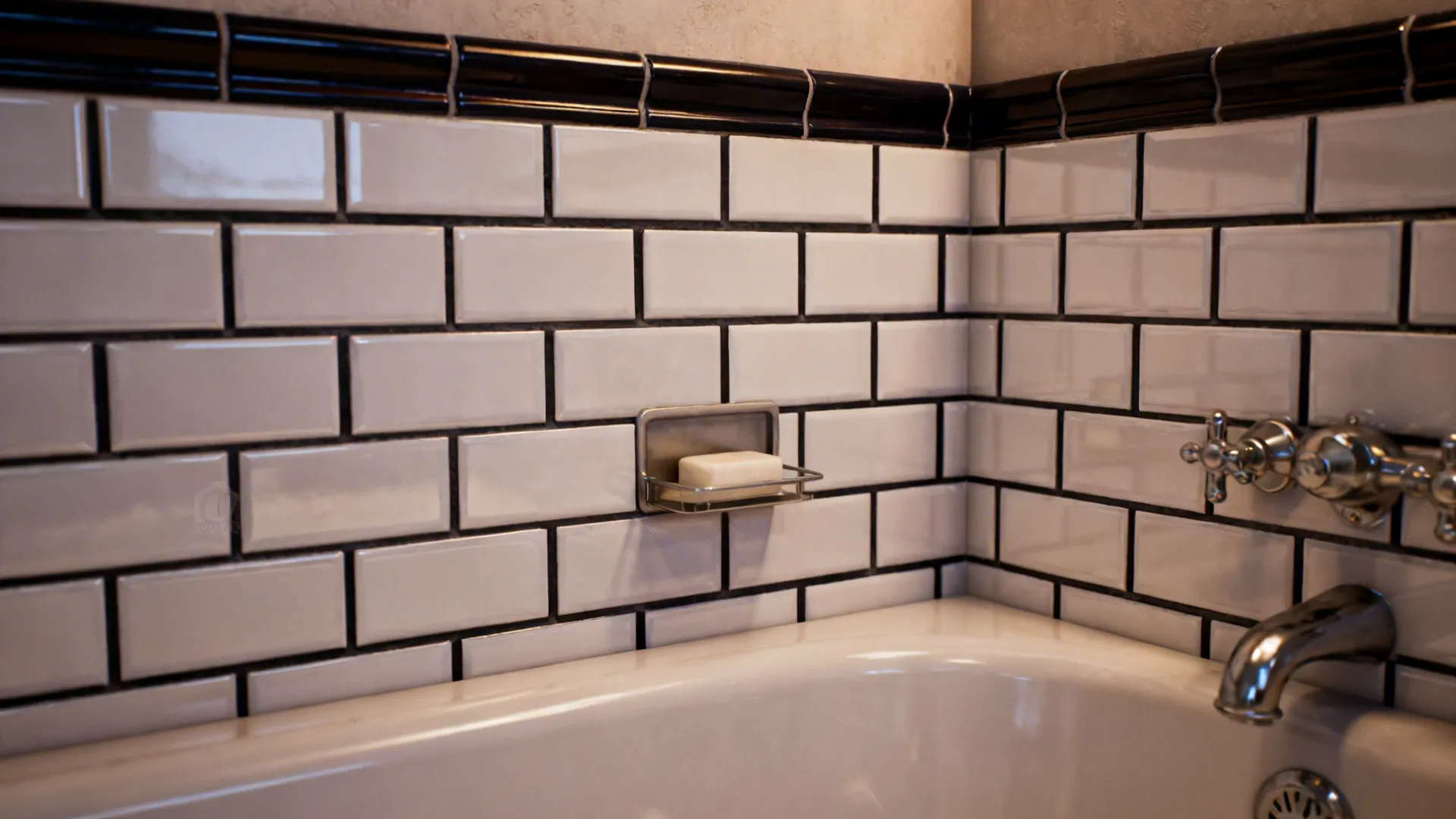 Subway tiles around a tub with dark contrasting grout highlighting the pattern