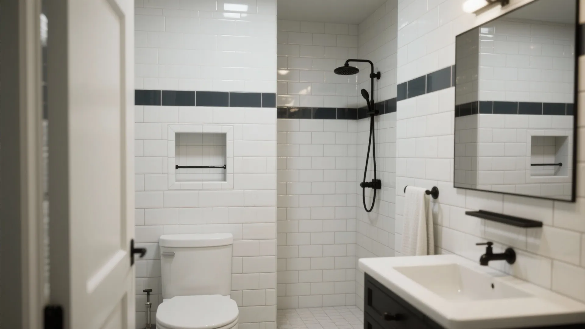 Modern bathroom with white wall tiles black shower head white toilet and black bathroom cabinet sink
