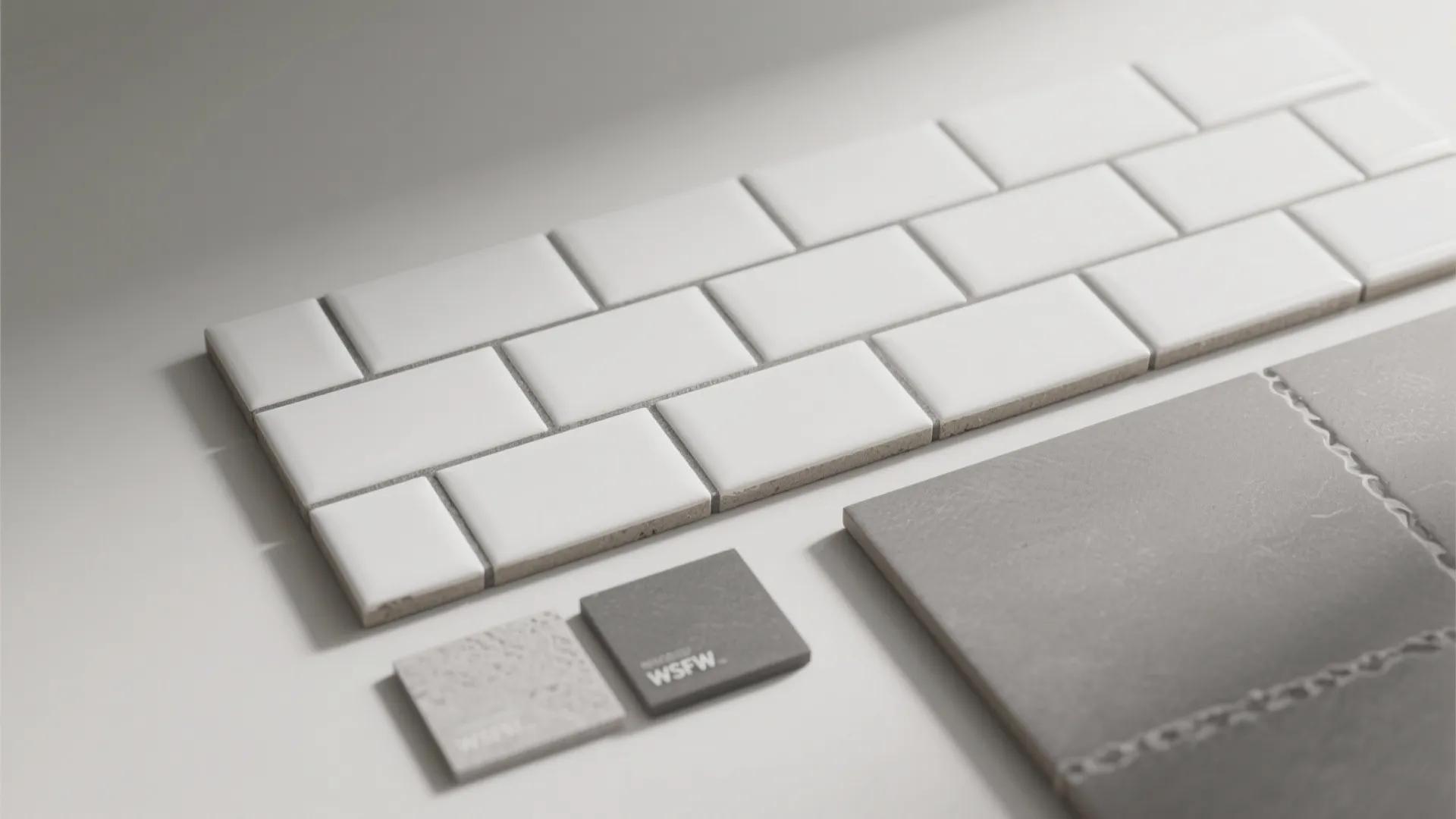White rectangular wall tiles and small grey square tile samples on a clean white tabletop
