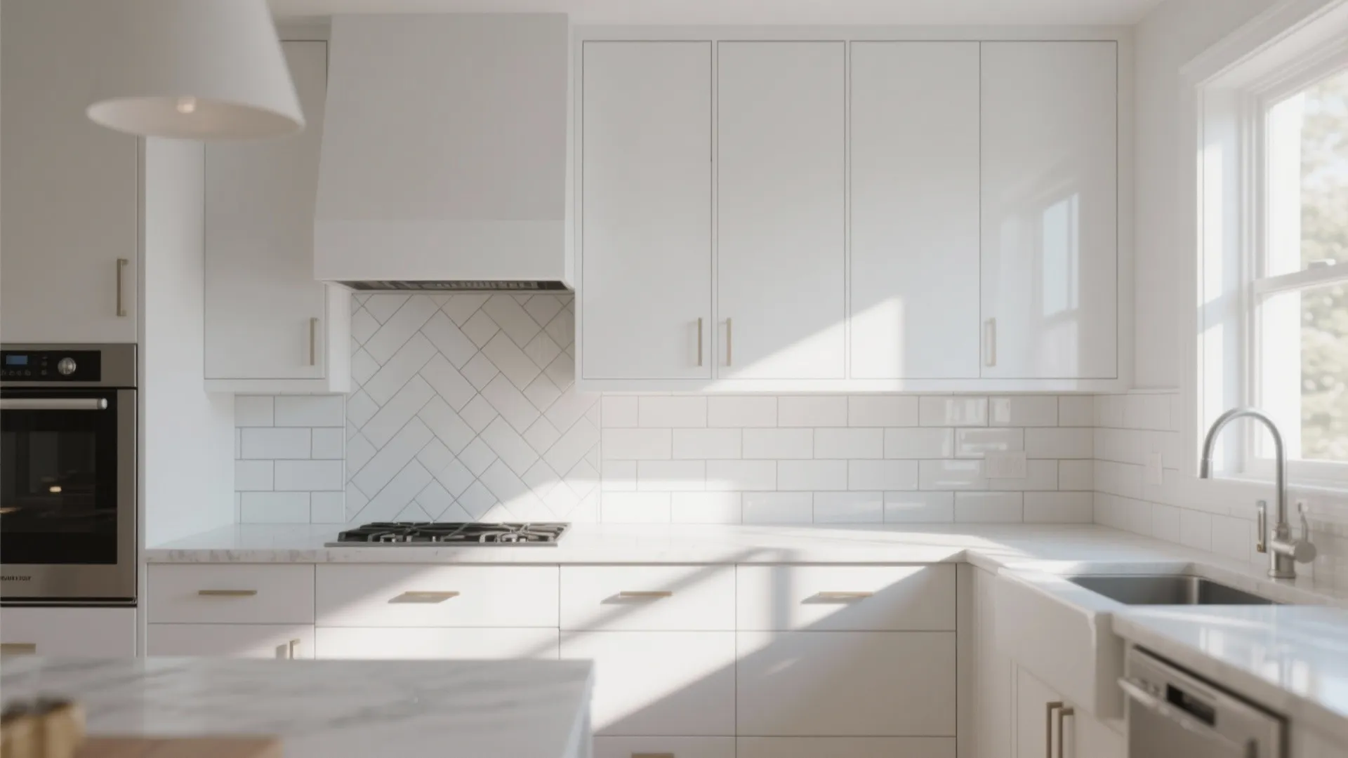 Modern white kitchen featuring subway wall tiles arranged in herringbone pattern with bright natural window light
