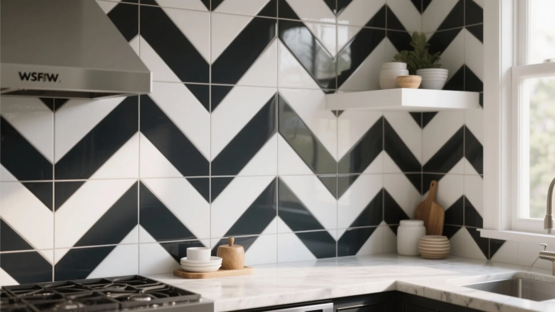 Black and white zigzag wall tiles in a kitchen with white countertop stove and sink