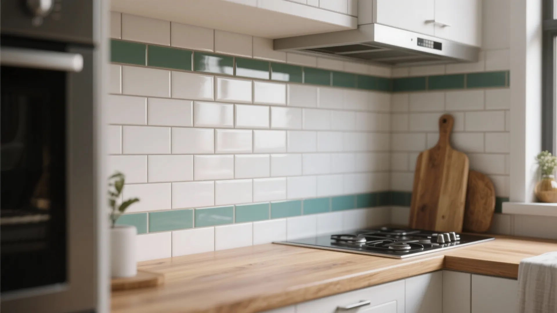 Bright kitchen featuring white and green wall tiles with wood countertop and black gas stove