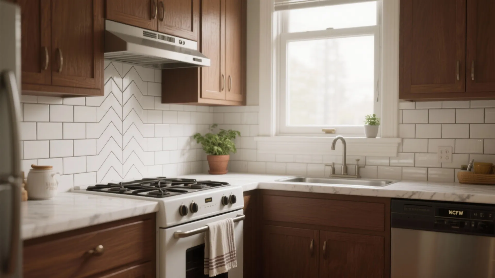 Modern kitchen with brown wooden cabinets white subway tile backsplash gas stove and marble countertop surfaces