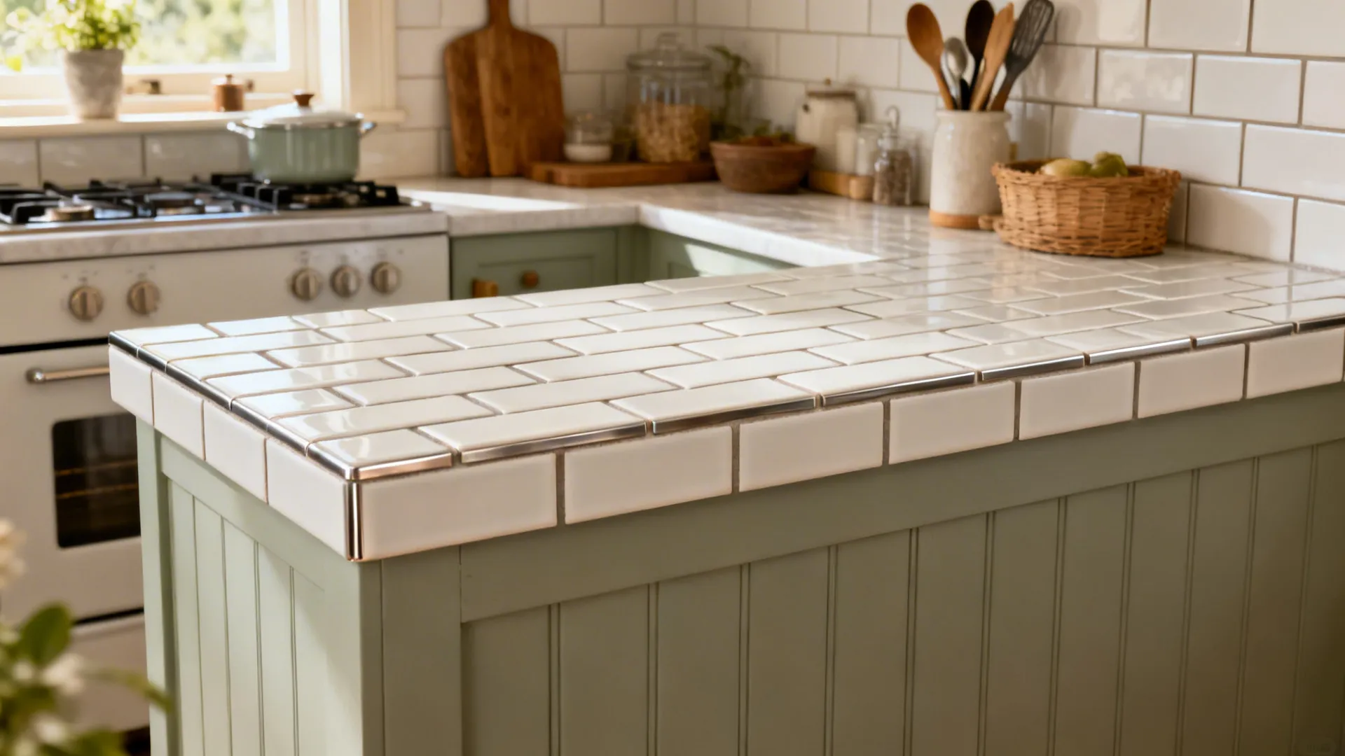 Small kitchen with flat-edge subway tiles on the countertop and tight epoxy grout.