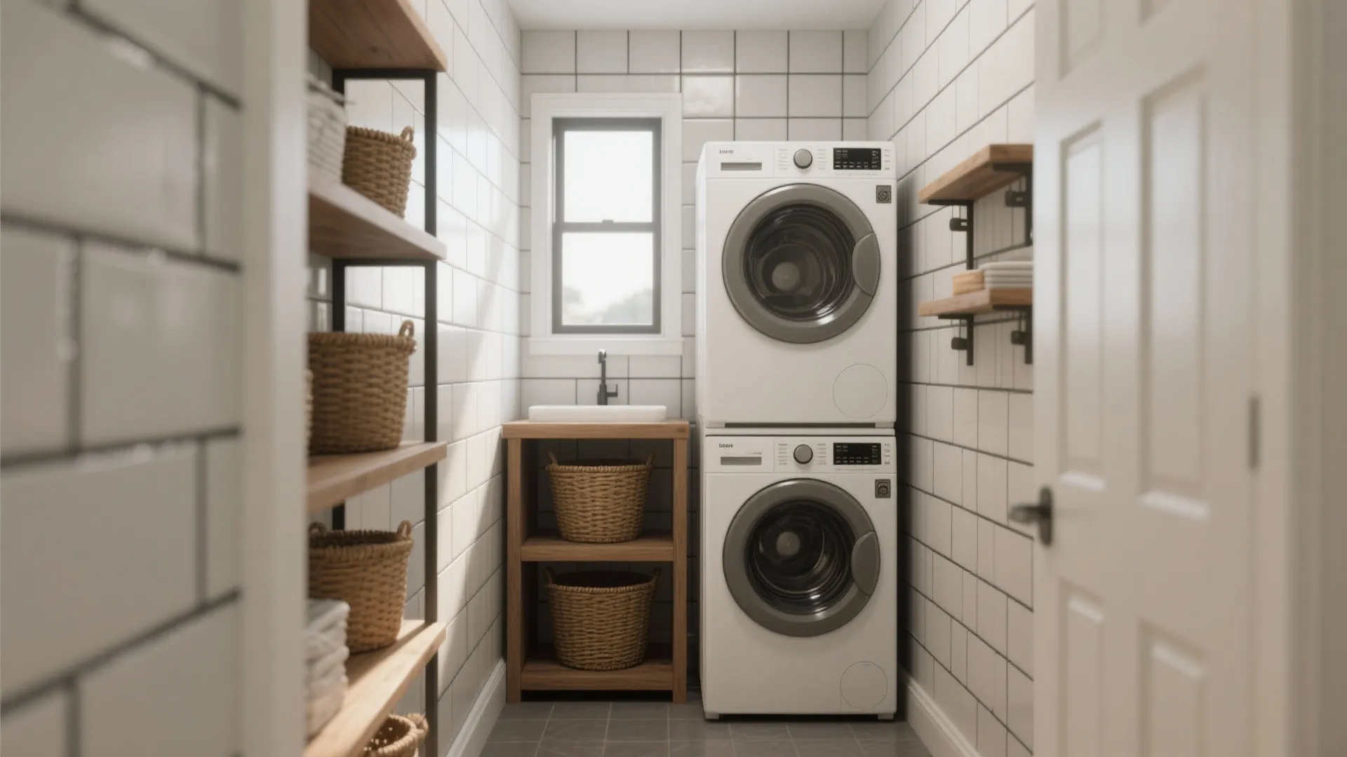 Stacked white washing machines in small laundry room with white tiles and wooden wall storage