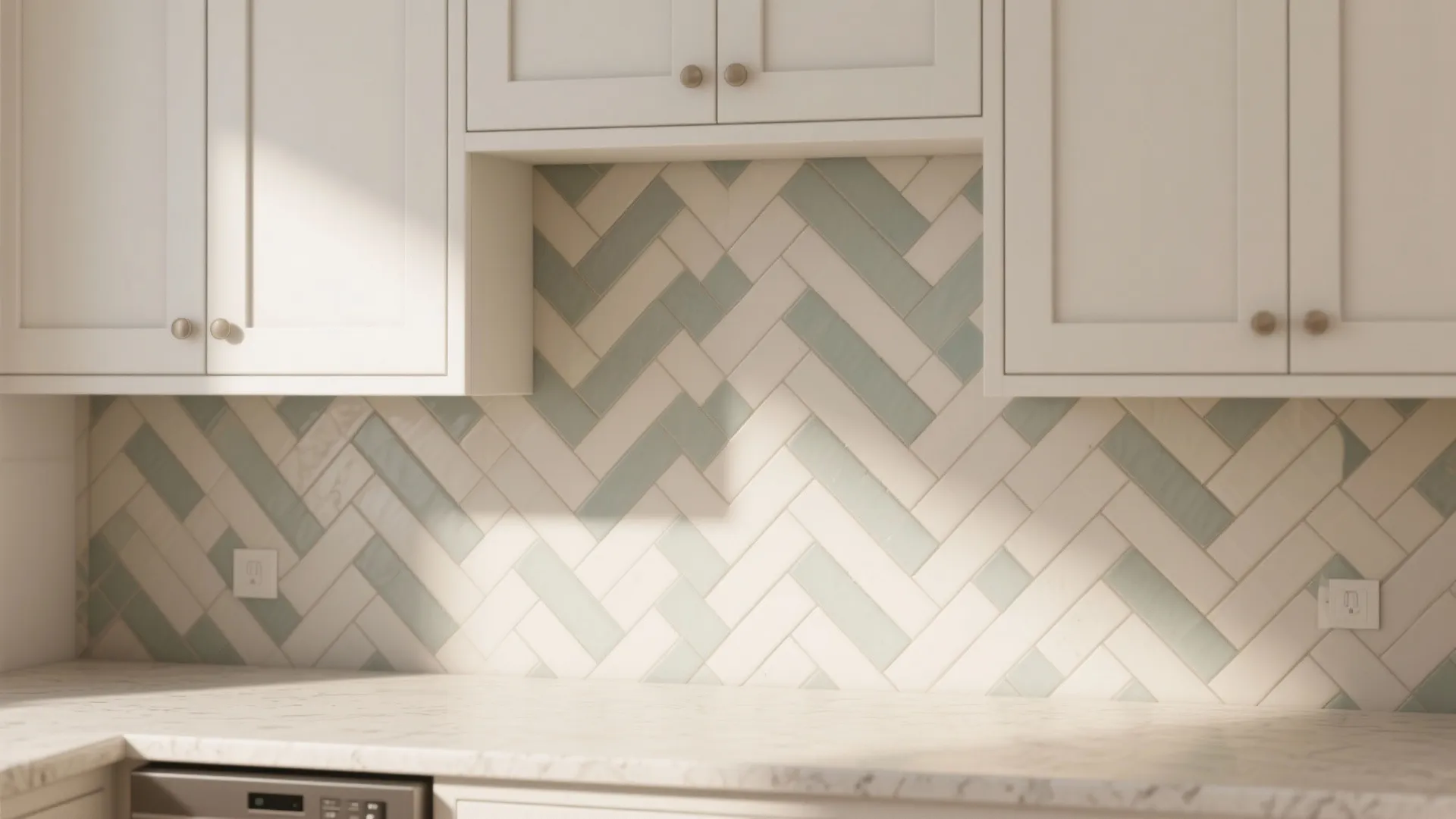 Modern kitchen with white and green tiles in a pattern under white kitchen wall cabinets