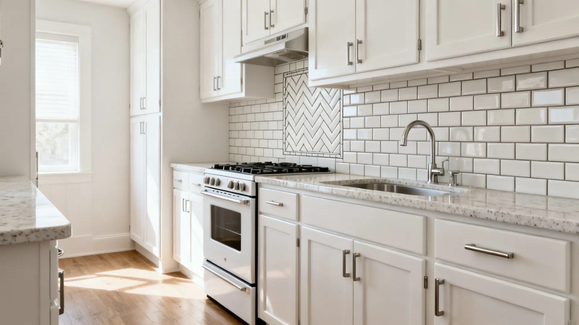 White subway tile backsplash in vertical stack with a herringbone accent behind a range.