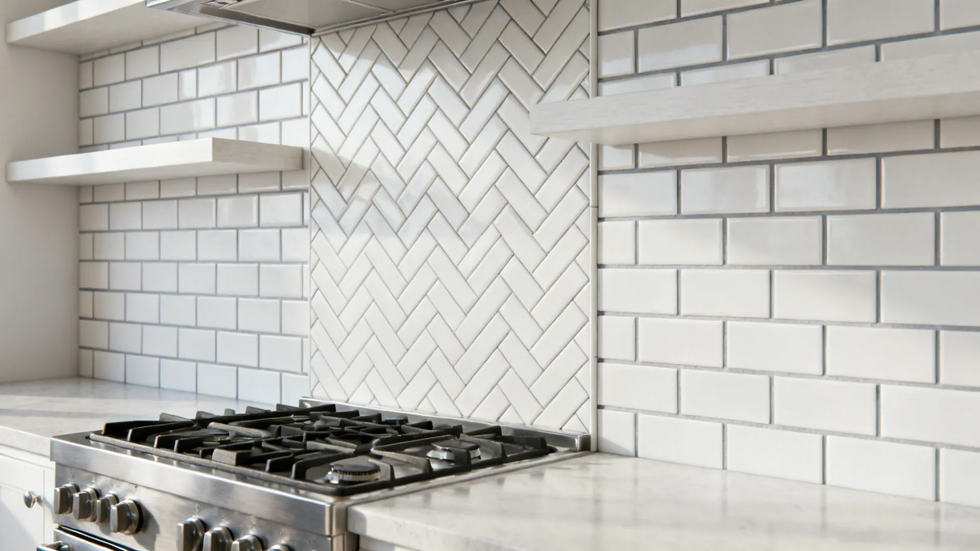 Compact kitchen backsplash with vertical stacked subway tiles and herringbone focal panel.