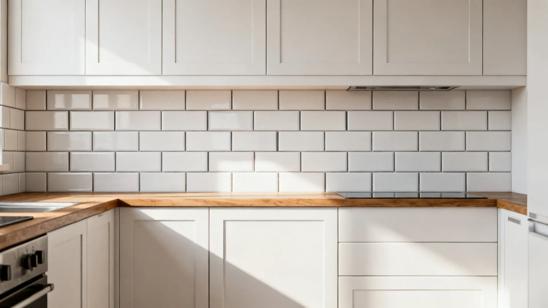 Compact galley kitchen with white cabinets and vertical subway tile backsplash creating a stretched visual effect.