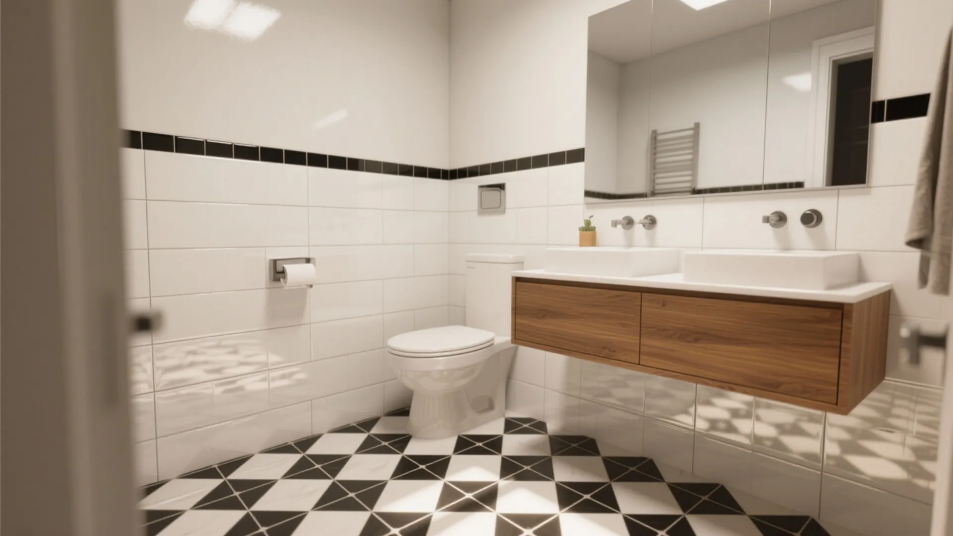 Small bathroom with glossy white subway tile wainscot and bold patterned black-and-white floor.