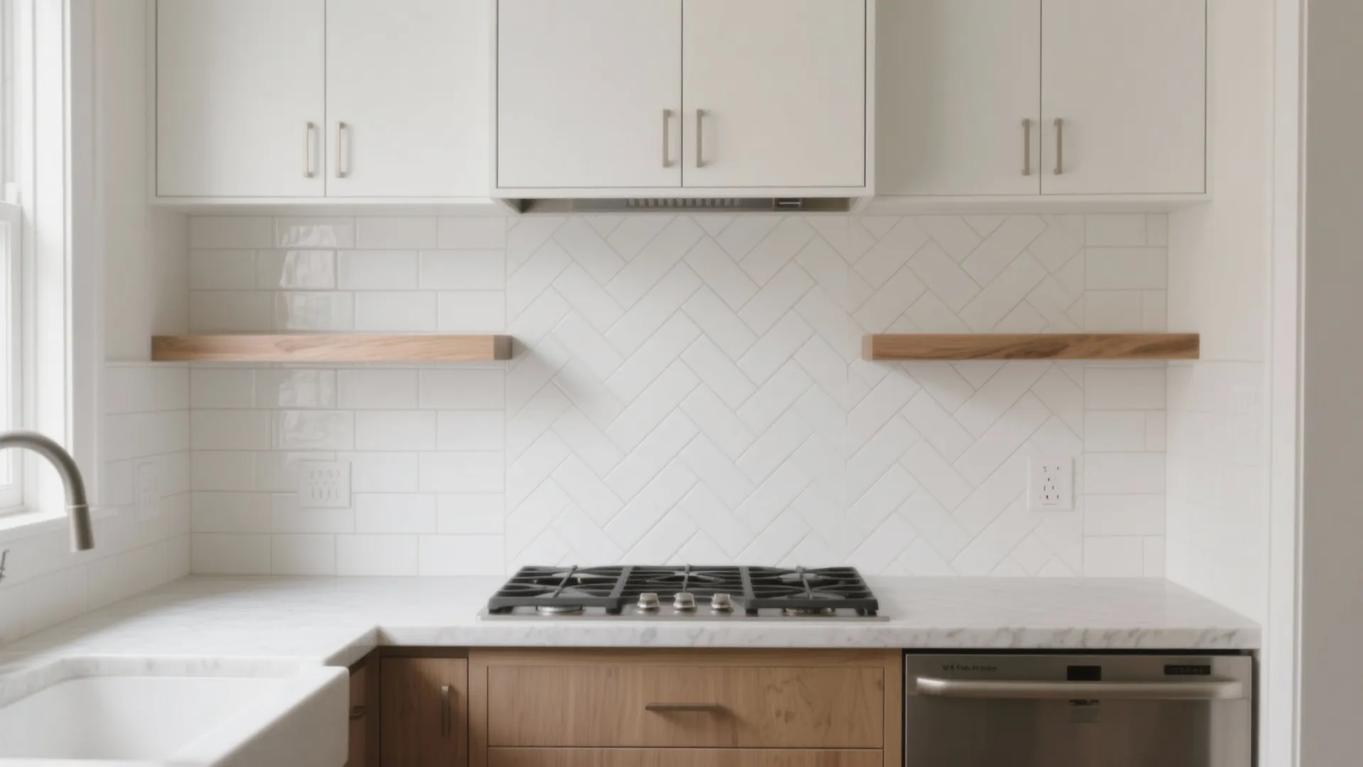 Modern kitchen with white herringbone tile wall plus wooden shelves and marble countertop with stove