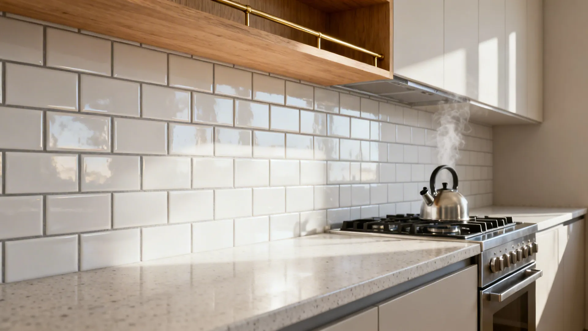 3x6 white subway ceramic with warm-gray grout in a small galley kitchen under soft daylight.