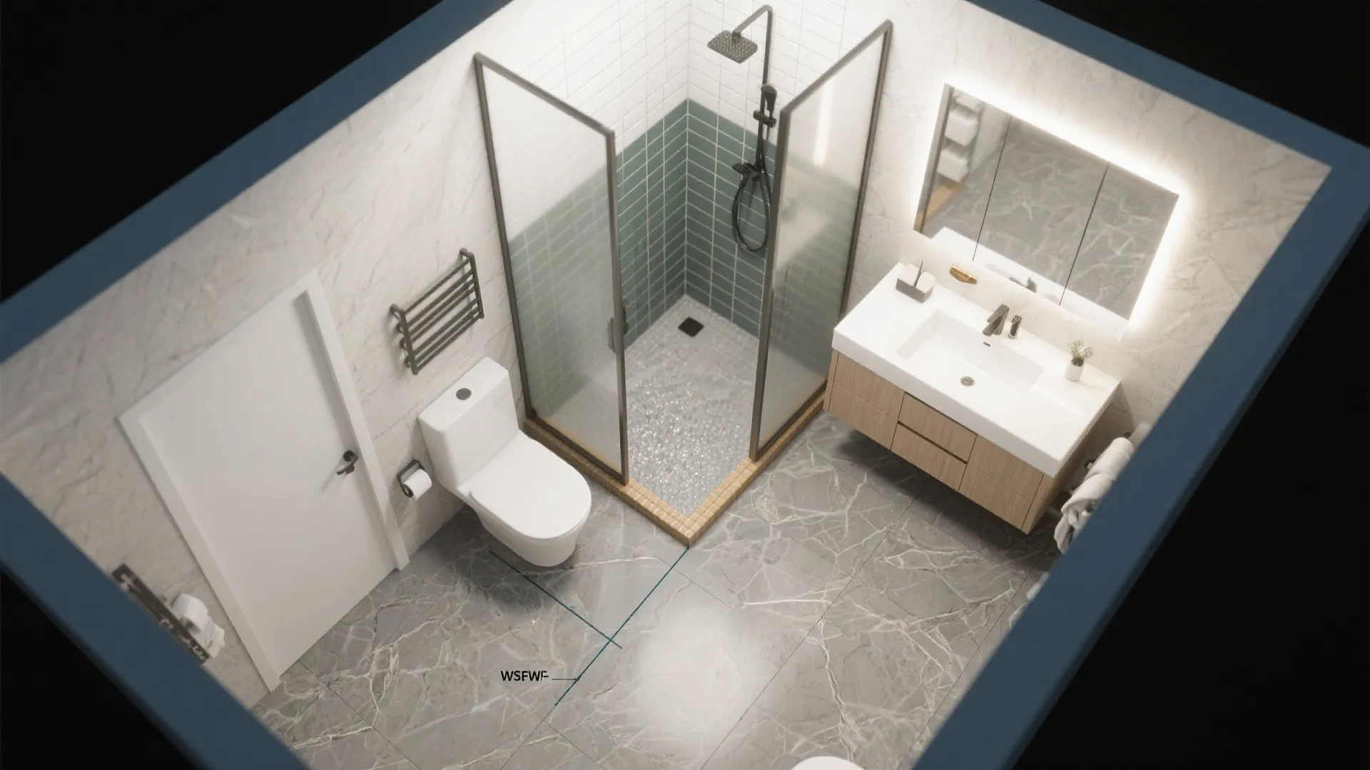 Modern bathroom top view with a glass shower green wall tiles toilet and wood sink cabinet
