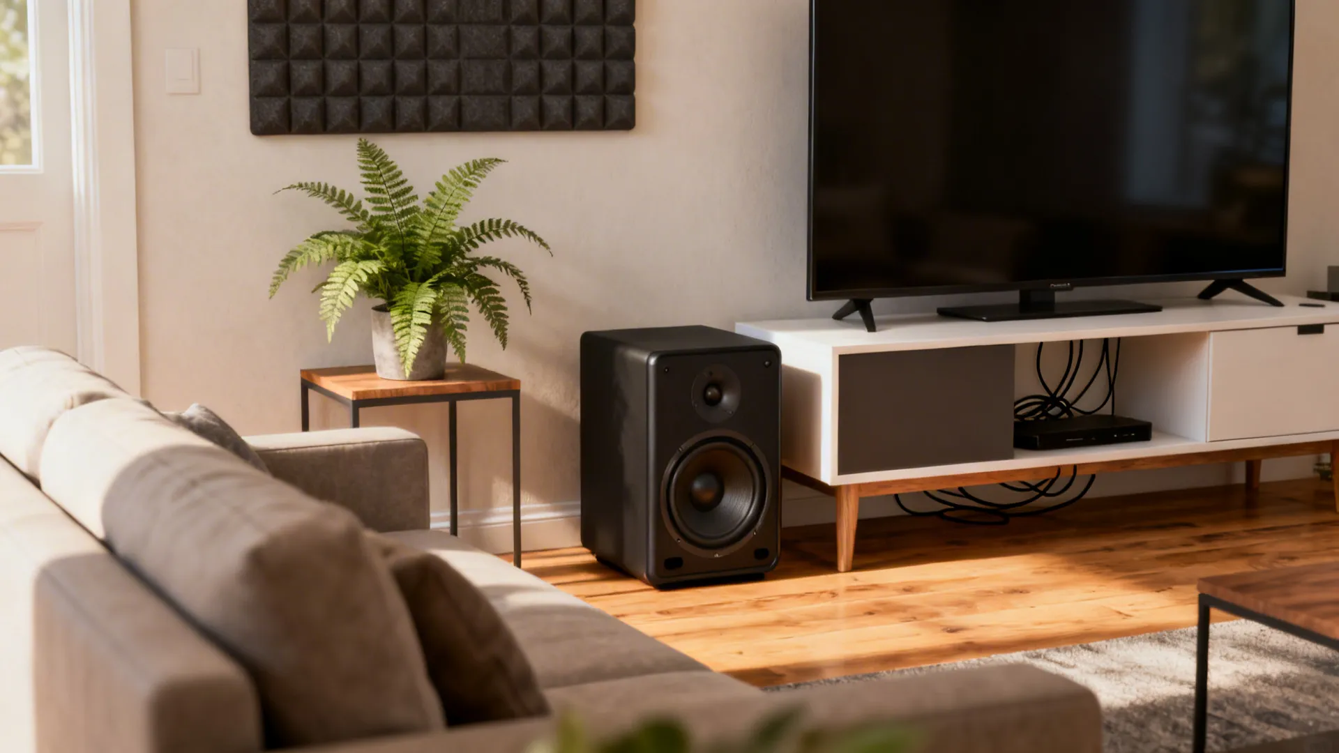 Black speaker placed next to white TV stand with green plant and light wooden floor background