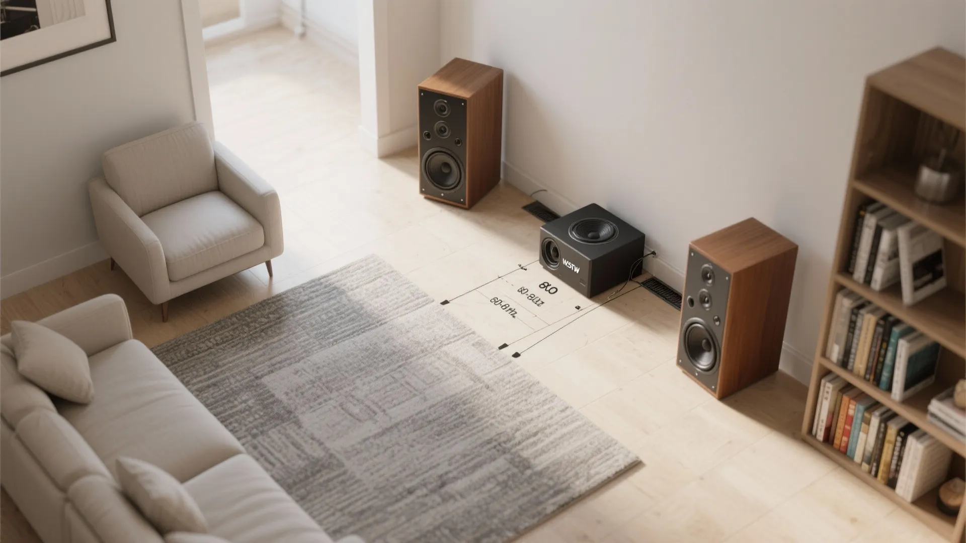 Top-down view of small room layout with compact subwoofer placement and main speakers.