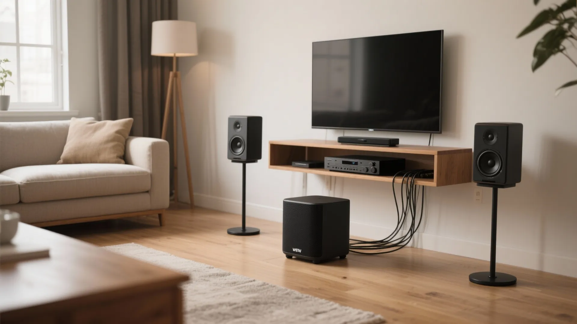 Modern living room with black speakers and television on wooden cabinet over light wood floor