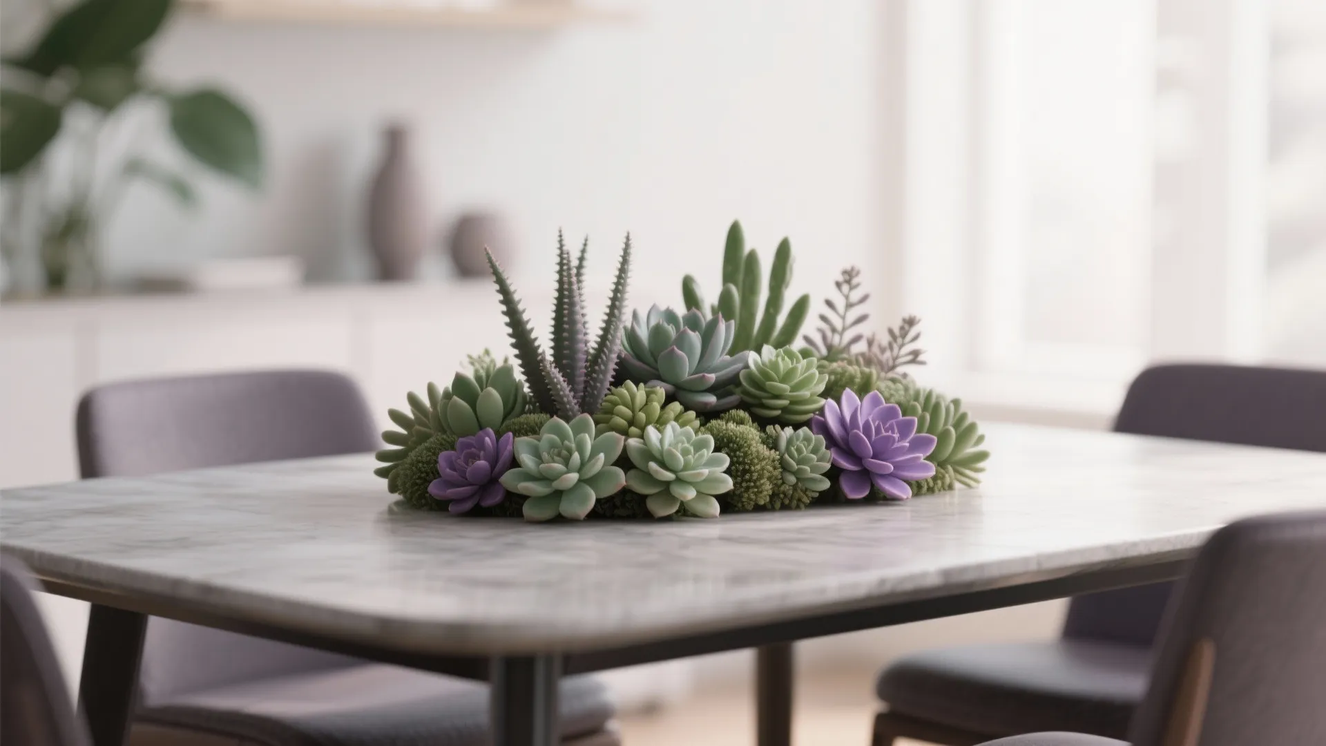 Colorful green and purple succulent plant arrangement sitting on a white marble dining room table