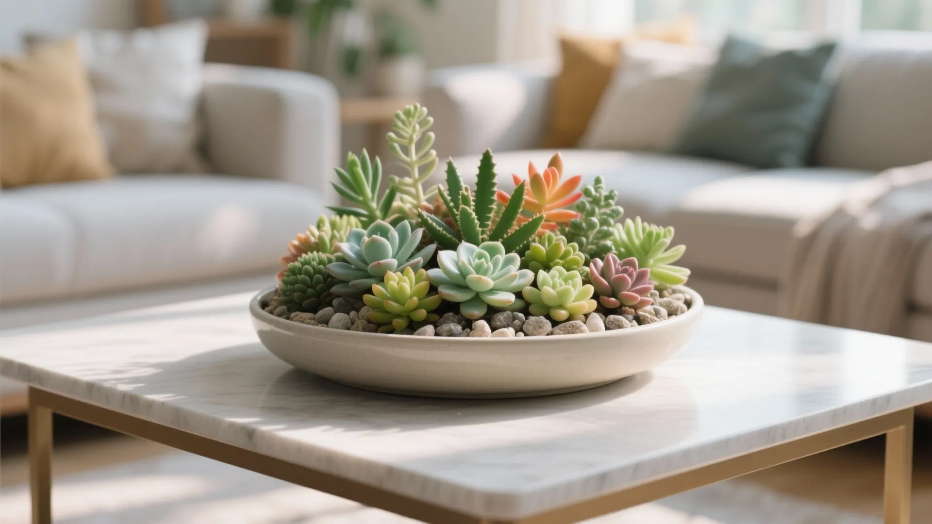 Succulent arrangement in a ceramic dish on a coffee table