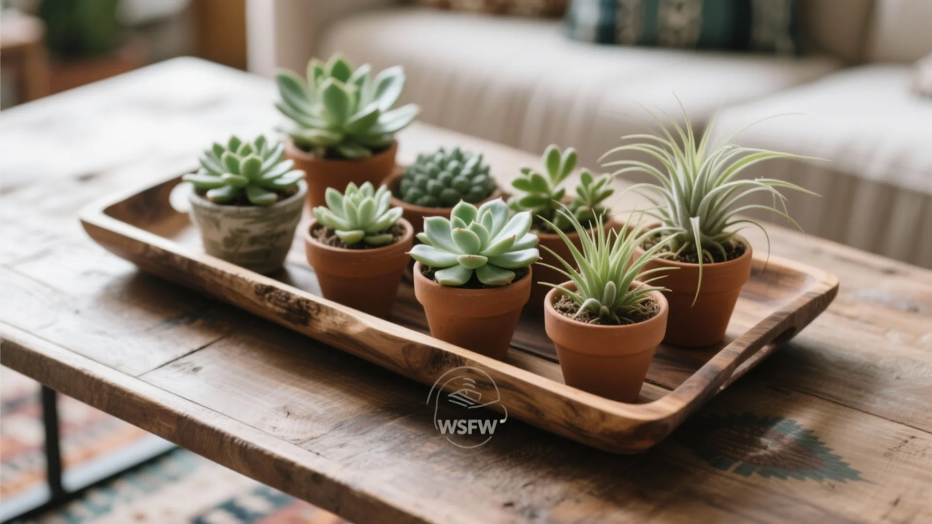 Small green succulent plants and air plants in clay pots on a wooden tray table