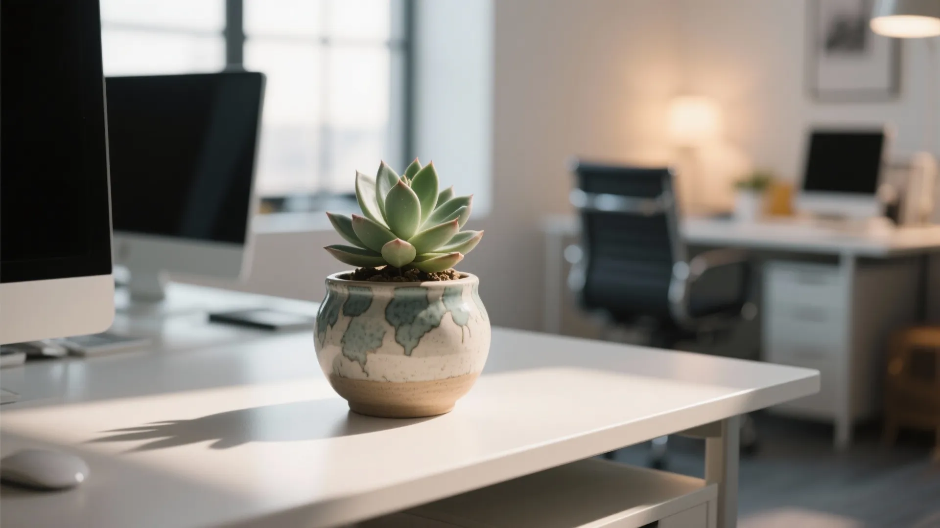 Small green succulent plant in a patterned ceramic pot sitting on a white office desk