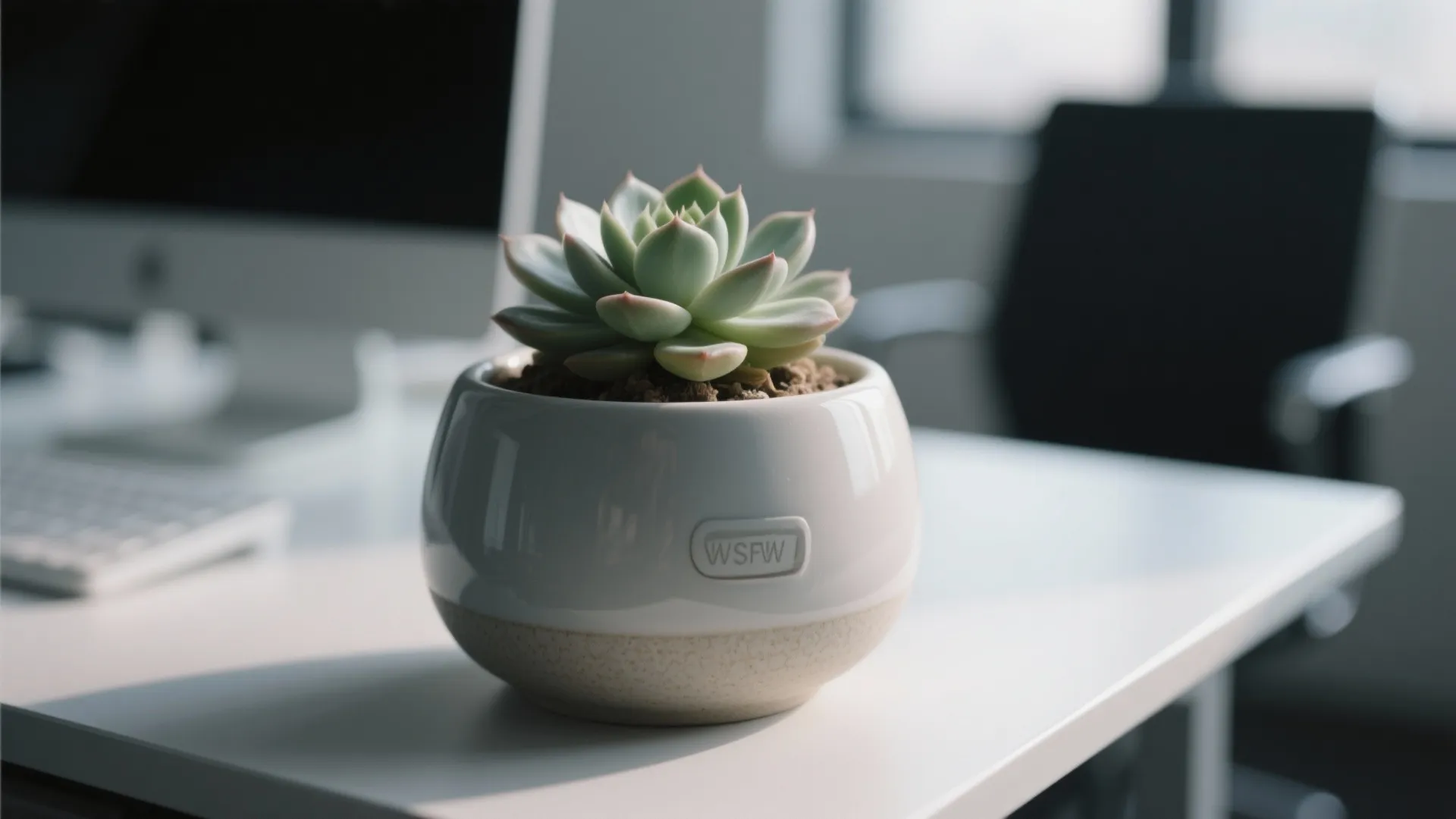 Small green succulent plant in a round white ceramic pot on a bright office desk