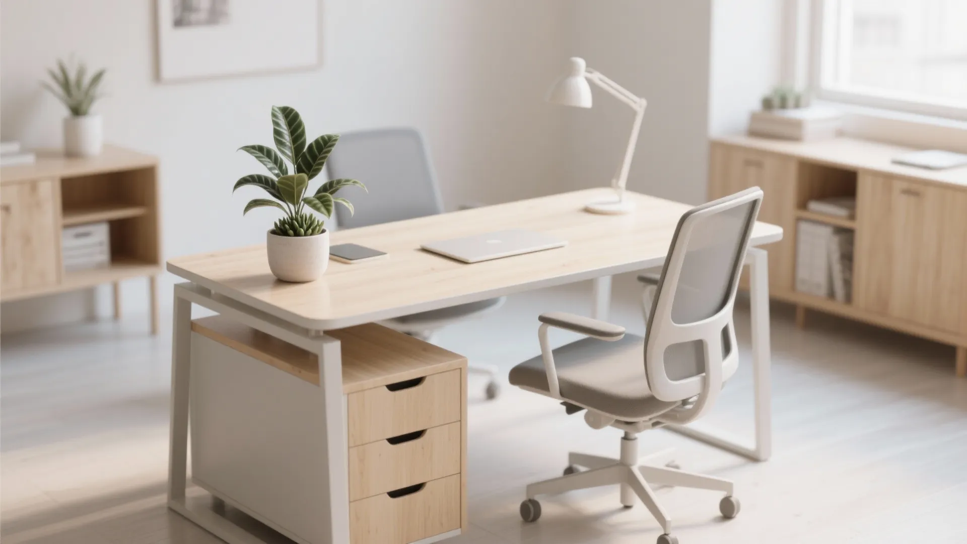 Modern office desk with wooden top white table lamp green potted plant and grey chair