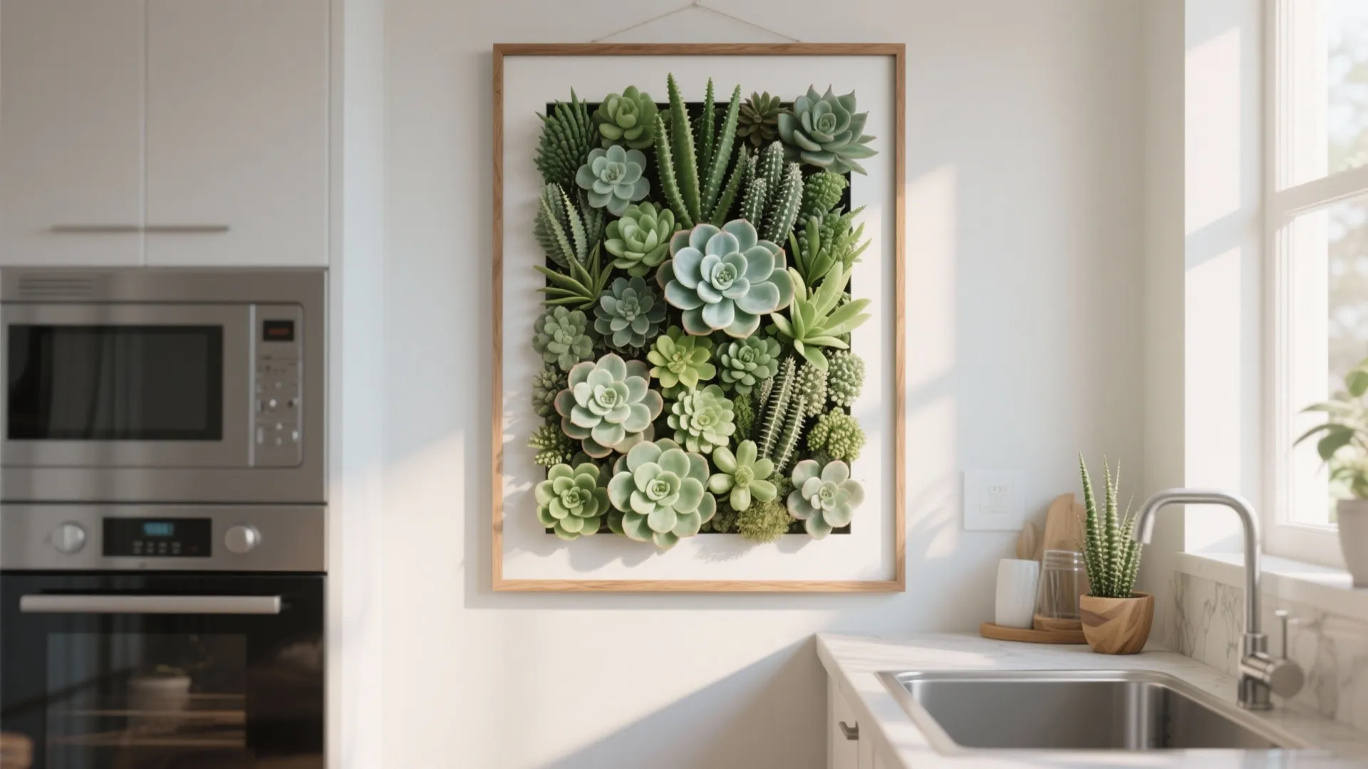 Bright kitchen wall featuring a large wooden frame filled with various green and blue succulents