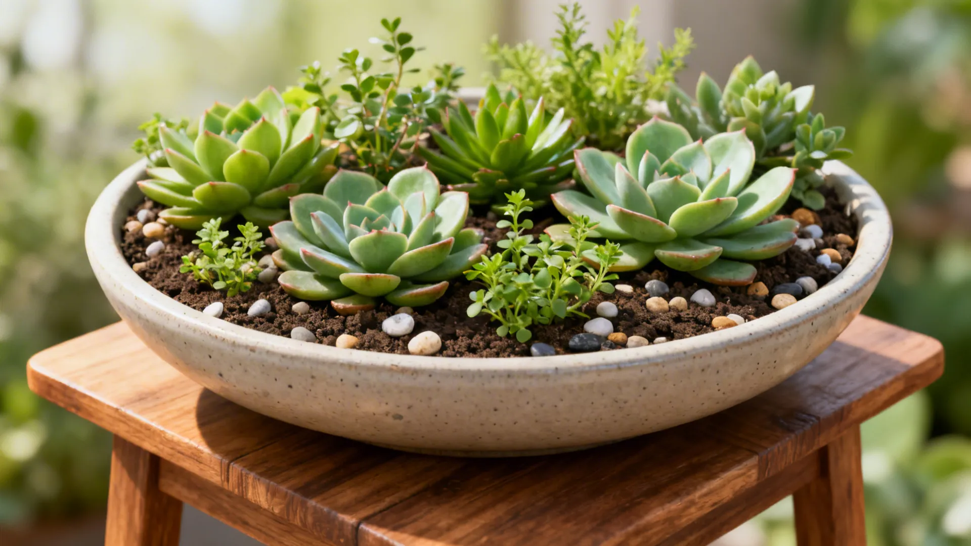 Shallow planter of mixed succulents and herbs used as a low living centerpiece.