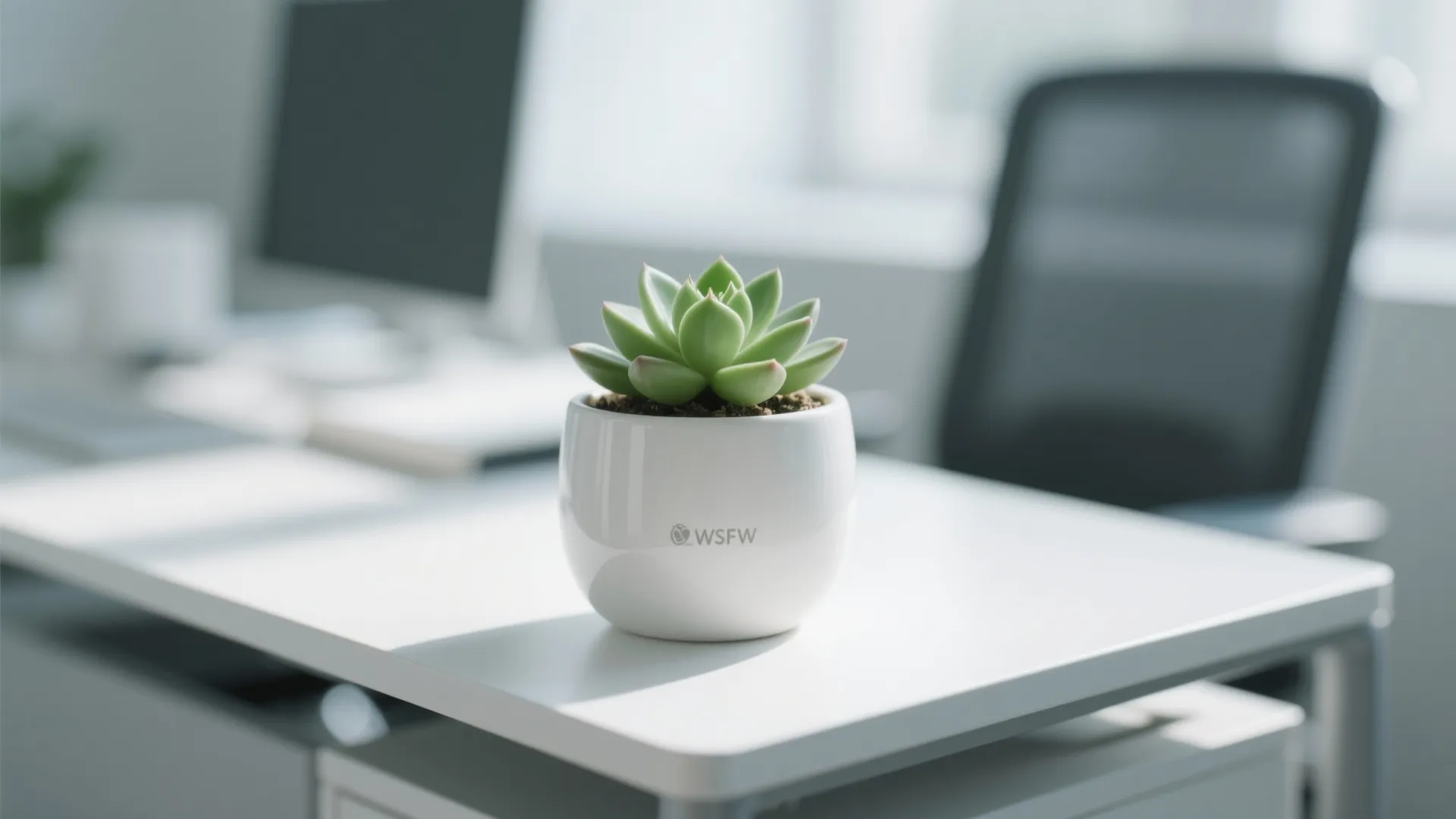 Small green succulent plant in a white round pot on a white office work desk