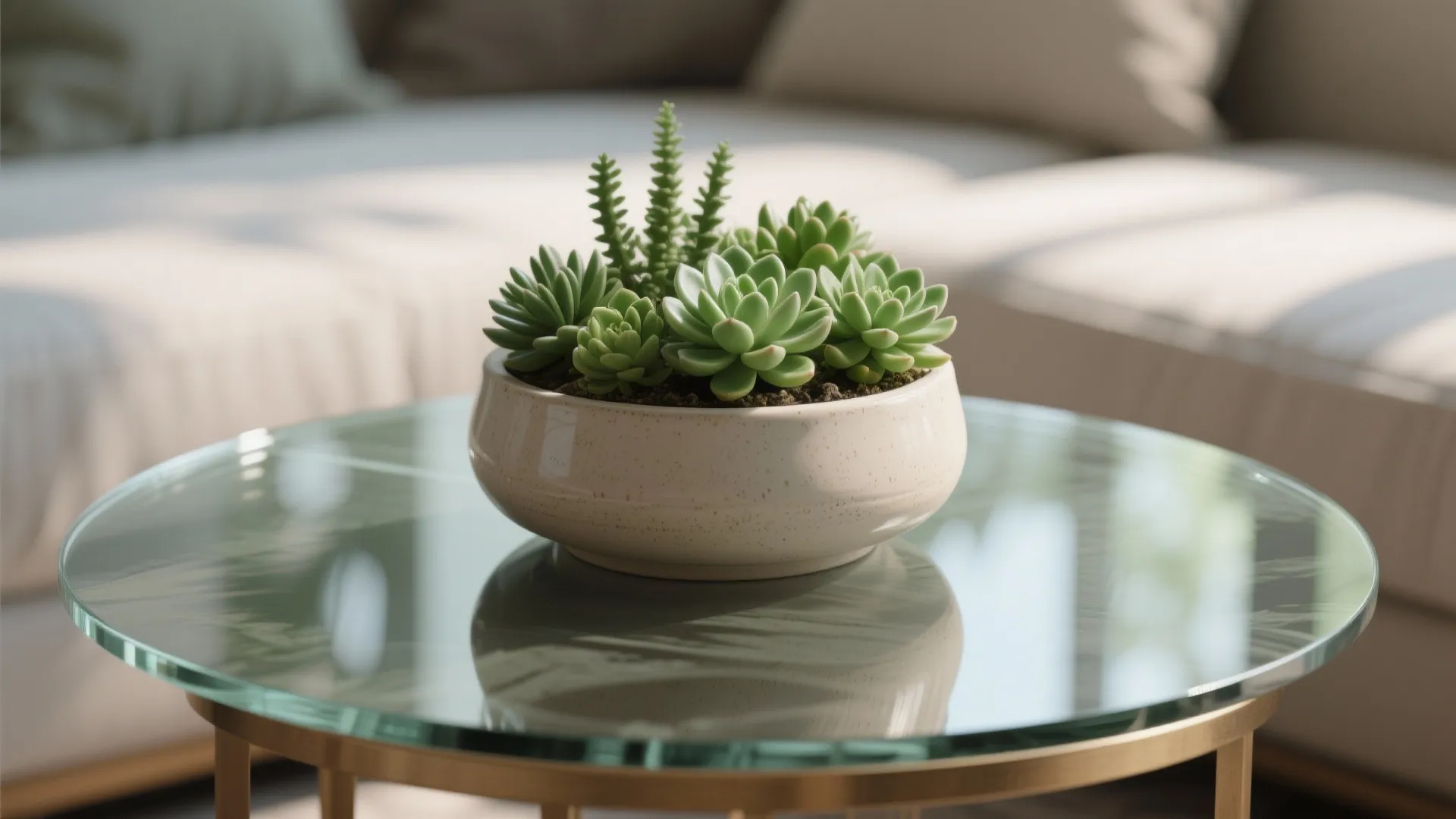 A small white ceramic bowl containing green succulent plants sitting on a glass coffee table