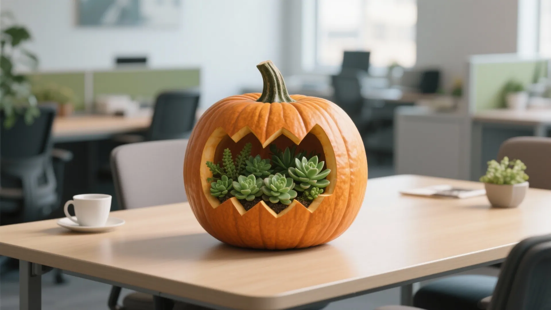 Pumpkin used as a succulent planter on office table