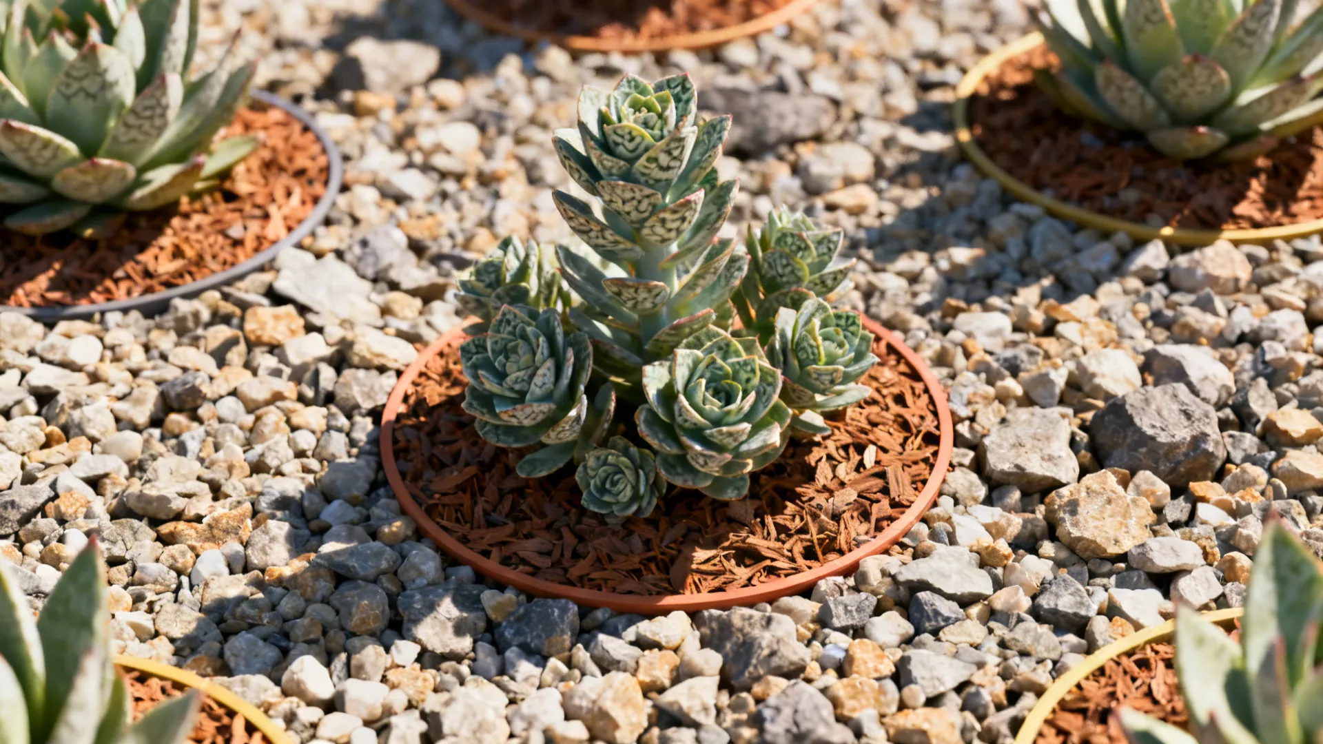 Green succulent plant growing in a circular garden bed surrounded by grey gravel and stones