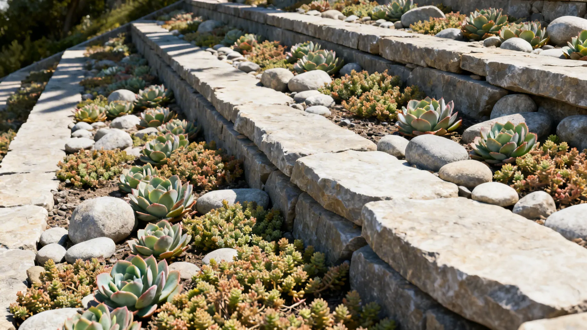 Terraced slope with flat stones and pockets of succulents and sedums.