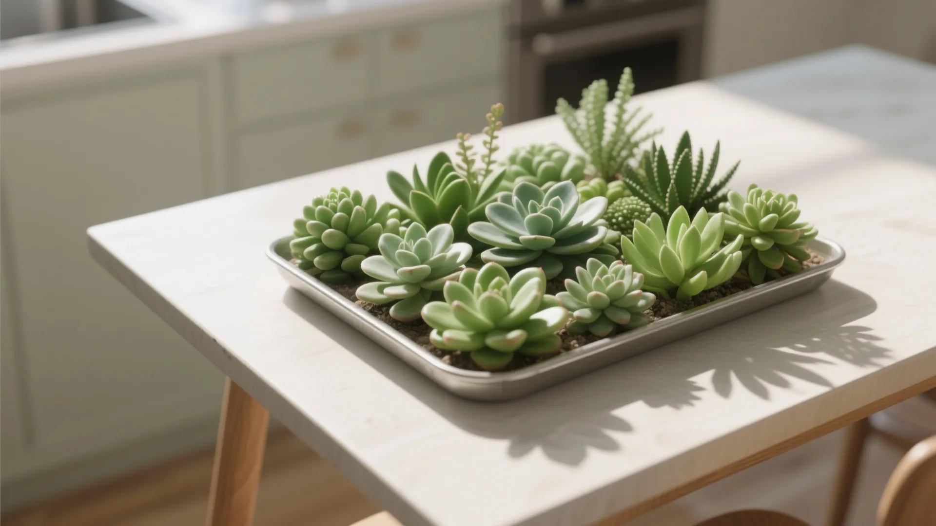 Various green succulent plants in a metal tray on a light wood kitchen table sun