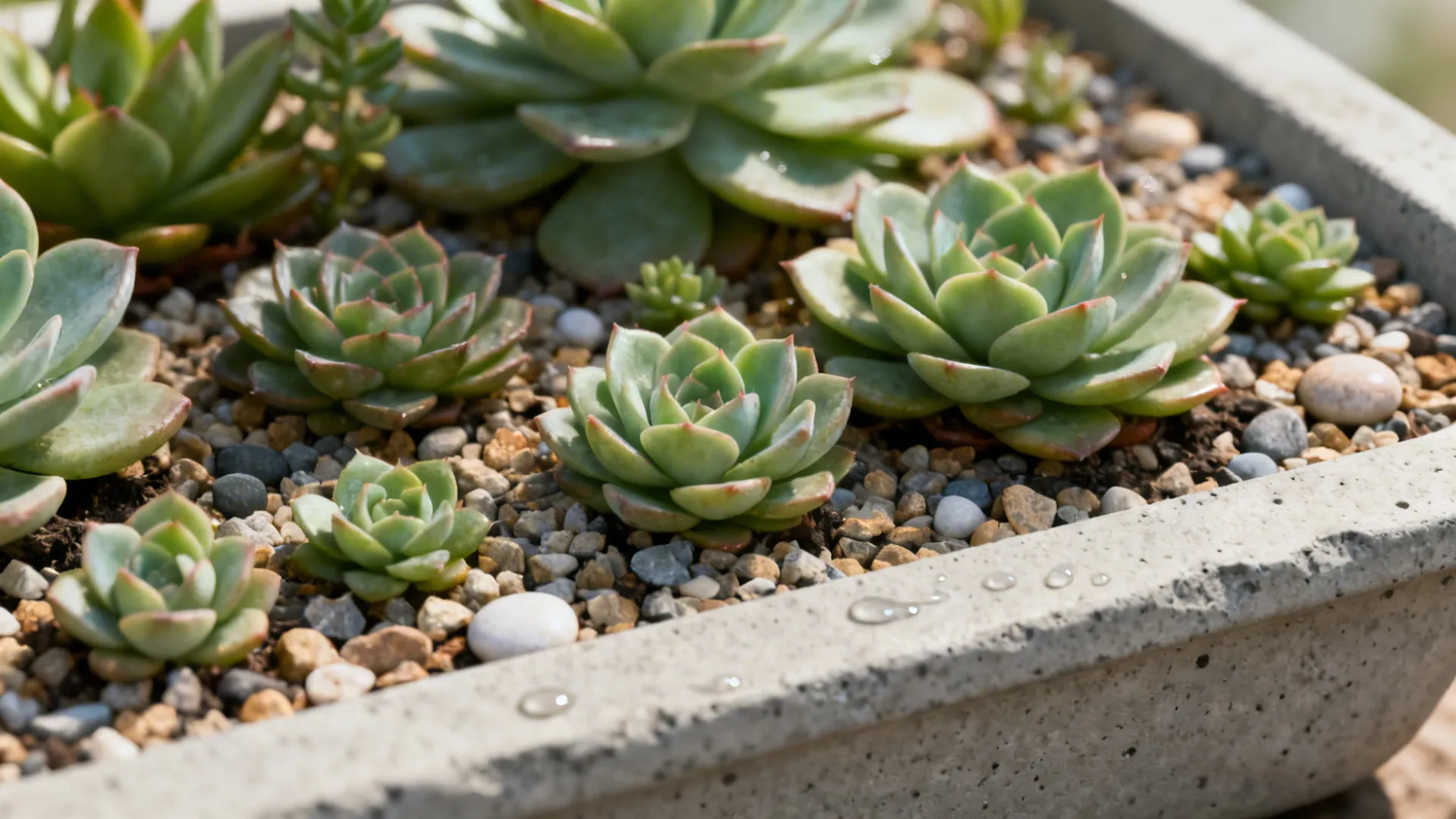 Close-up of a shallow succulent tray in a concrete dish, showing textures and greenery.