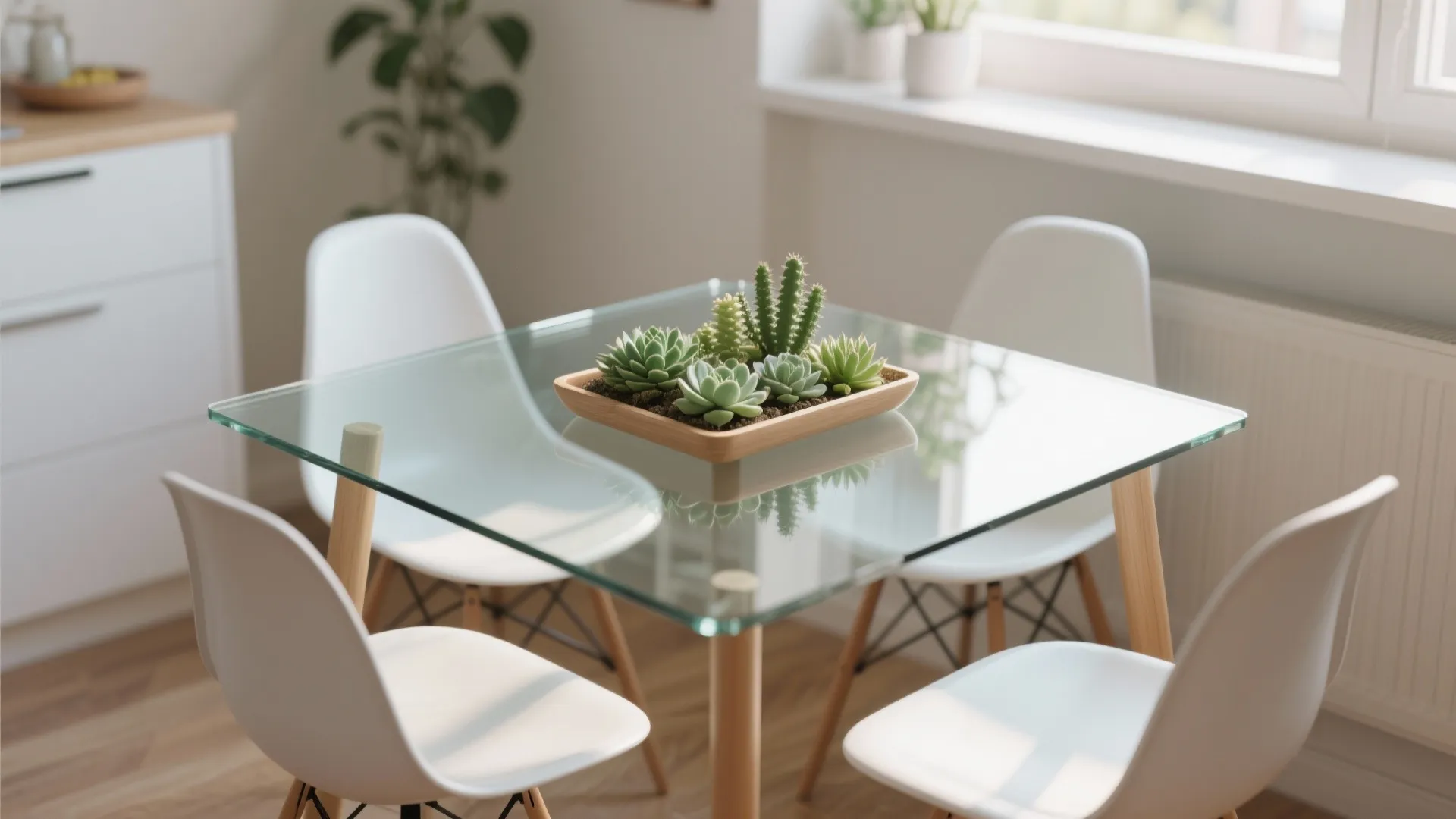 Small wooden tray with green succulents placed on a glass table with four white chairs