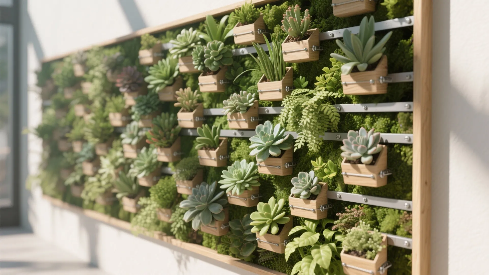 Indoor vertical garden with small green succulent plants in wooden pots on a moss wall