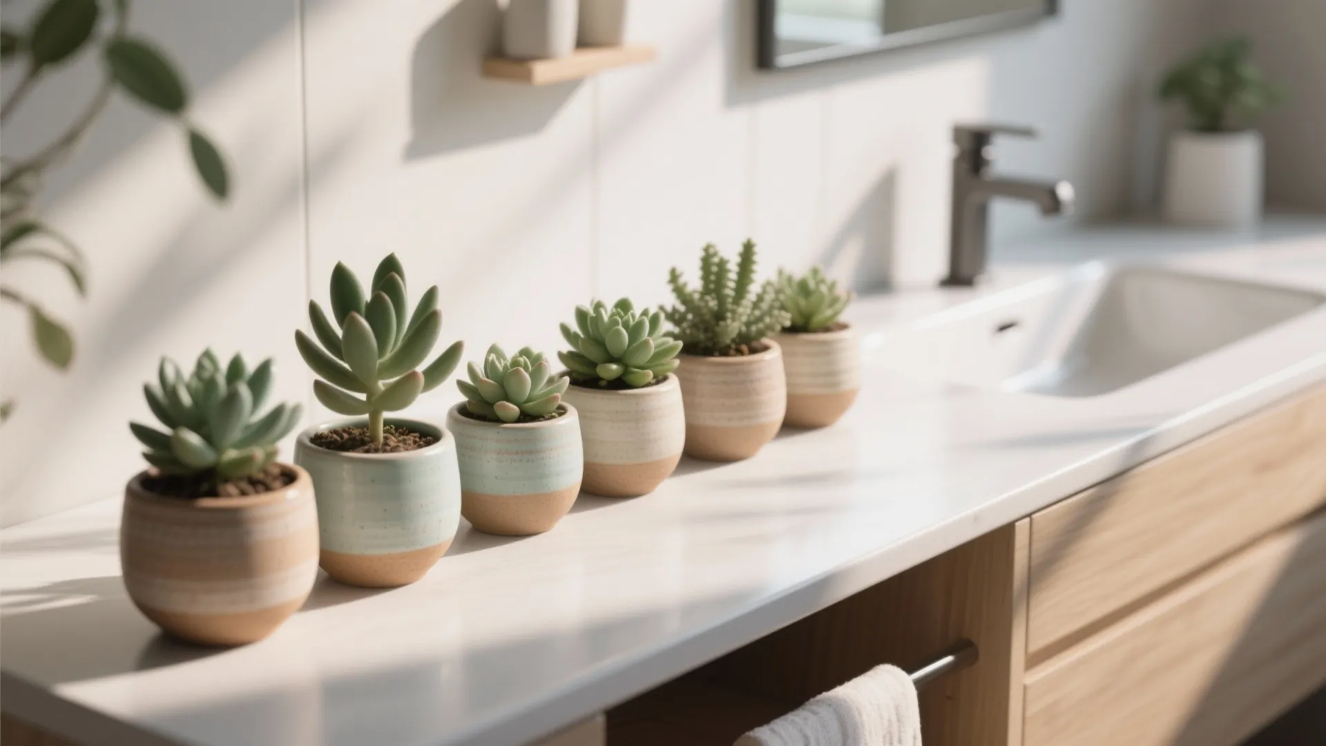 Small green succulent plants in ceramic pots lined up on a white modern bathroom vanity top